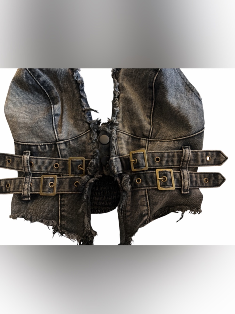 Frayed Denim Halter Top Buckle Backless Punk Hippie Jean Crop - Picture 3 of 6
